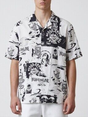 Forever 21 Black and White Graphic Short-Sleeve Button-Down Shirt